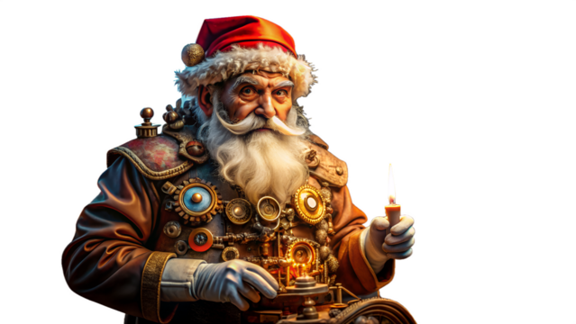 Steampunk santa claus portrait isolated on transparent background, featuring vintage gears, clockwork, and a festive candle, blending fantasy with retro style - Powered by Adobe