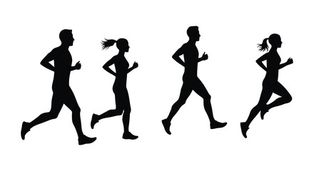 Silhouettes of four runners in motion on a white background