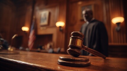 Gavel and judge in dimly lit courtroom. Neural network AI generated