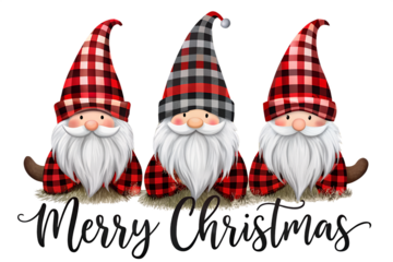 Three adorable christmas gnomes with plaid hats and long beards wishing a merry christmas, isolated on transparent background, perfect for holiday greetings