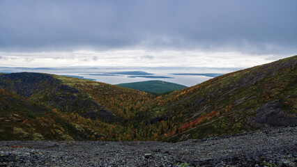 North Russia Khibiny mountains in autumn mountain lake and forest. Murmansk region