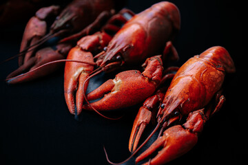 A vivid close-up of several cooked red lobsters arranged on a dark surface, highlighting their texture and color contrast. There is ample space for text.
