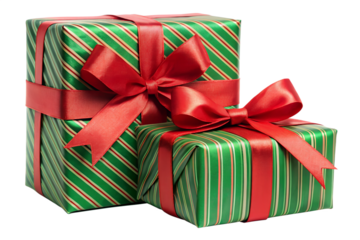 Festive christmas gifts with red ribbons and green striped wrapping, stacked in a studio shot, isolated on transparent background, perfect for holiday celebrations