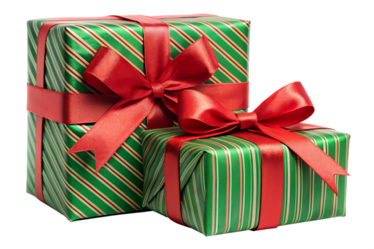 Festive christmas gifts with red ribbons and green striped wrapping, stacked in a studio shot, isolated on transparent background, perfect for holiday celebrations