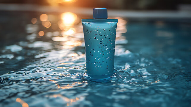 Sun Care Lotion Tube in Swimming Pool at Sunset