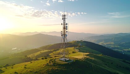 Obraz premium Telecommunication tower atop a hill at sunset