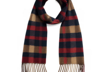 Classic winter scarf with a warm plaid pattern in red, black, and beige, perfect for cold weather, isolated on transparent background