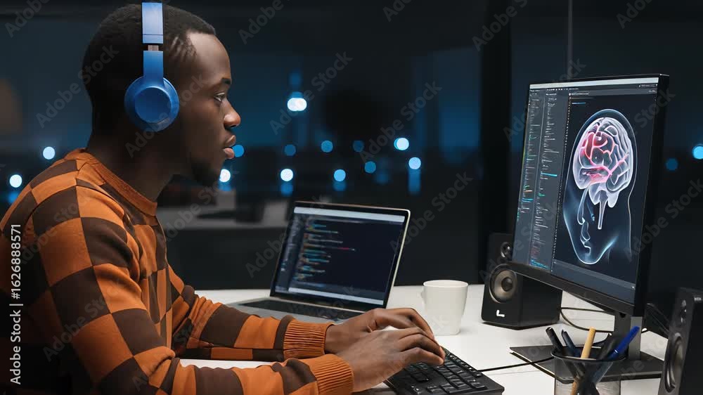 Wall mural focused individual wearing headphones works on computer programming in a dimly lit tech environment