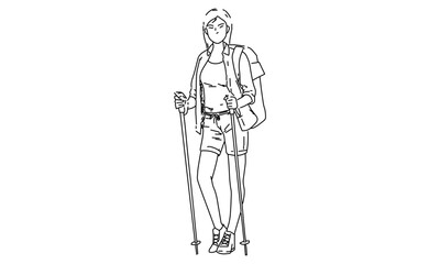 Hiker with Backpack and Trekking Poles Line Drawing