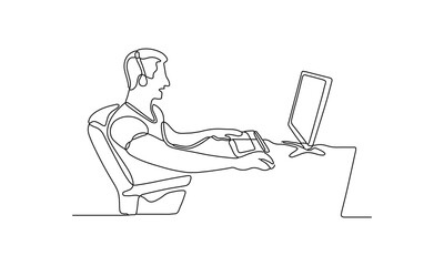 Continuous Line Drawing of a Person Working at a Computer