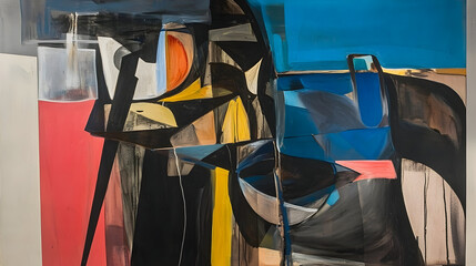 Abstract painting of geometric shapes in vibrant colors, depicting a scene with contrasting colors and lines, possibly displayed in a gallery or museum.