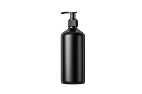 Black bottle with pump for shampoo, white label on the front, top view isolated on a transparent background in PNG format