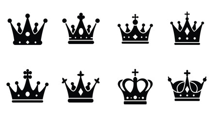 Collection of Royal Crown Silhouettes in Black and White for Graphic Design