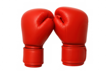 Crimson boxing gloves facing off, ready for combat, suspended against clean transparent backdrop highlighting competitive sport gear