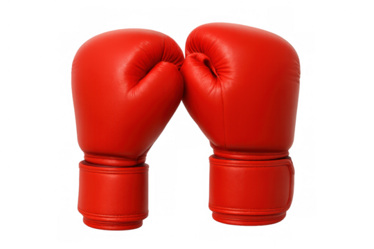 Crimson boxing gloves facing off, ready for combat, suspended against clean transparent backdrop highlighting competitive sport gear - Powered by Adobe
