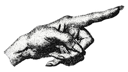 Vintage stipple hand pointing gesture collage, retro grainy texture with halftone photocopy effect. Vector illustration for psychedelic grunge 90s poster, tattoo, surrealism, and punk art