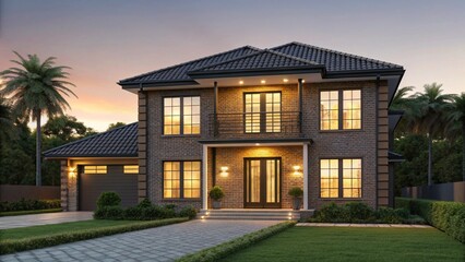 Naklejka premium This luxurious two-story home, with its rich architectural details and a welcoming illuminated facade, stands majestically at dusk