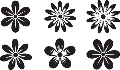 Stylized black flower vector icons set with diverse petal shapes and intricate details