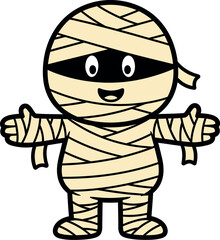 Adorable cartoon mummy character with wide open arms and a friendly smile perfect for halloween and spooky themed designs