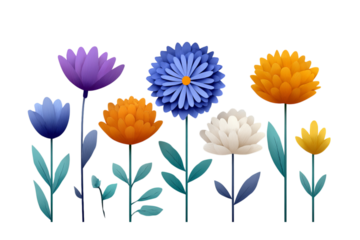 A set of five flowers made from paper, each with three petals in different colors - orange, blue, and purple. isolated on a transparent background in PNG format
