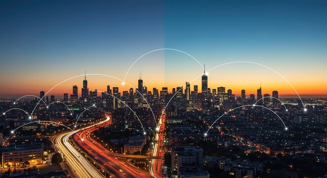 Cityscape at Dusk with Communication Network Overlay Showing Connections and Technology Integration for Modern Urban Living