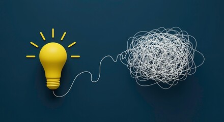 Concept of problem solving with light bulb connected to tangled mess of lines highlighting clarity and confusion