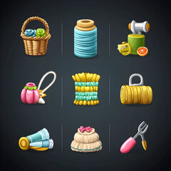 Set of Colorful Cartoon Sewing & Crafting Icons