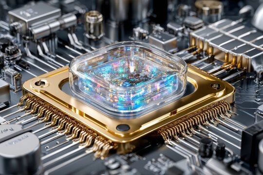 Advanced microchip design showcases intricate circuitry and modern technology at close range