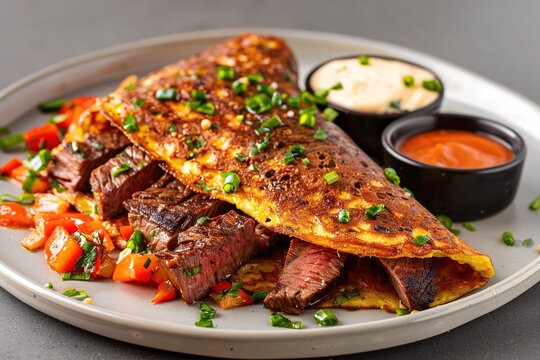 Delicious beef steak served with a savory omelette and fresh vegetables, garnished with herbs and sauces.