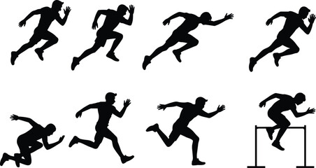Athletic silhouettes in dynamic running and hurdling poses, ideal for sports design, physical training visuals, exercise reference, and vector illustration