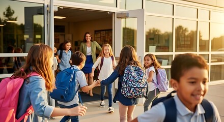 Group of students exiting a school building with a teacher standing at the doorway smiling happily