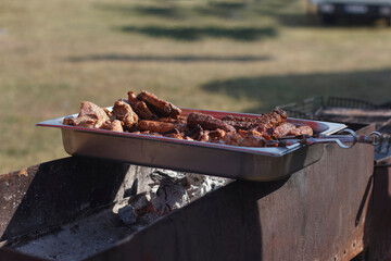 Grilled meat on a metal tray placed on a barbecue grill. Scene is set outdoors with green grass in background.