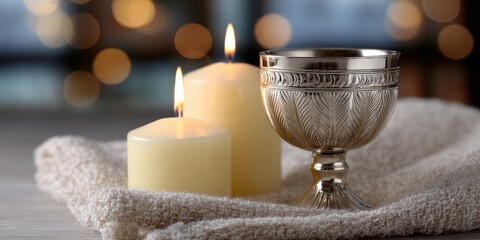 festive rosh hashanah postcard, festive rosh hashanah postcard featuring two candles, a kiddush cup, and warm bokeh, with ample space for a greeting