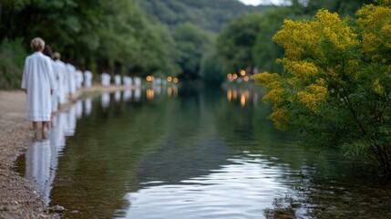 religious rituals, people in white attire performing tashlich ritual by throwing breadcrumbs into a flowing river at sunset, with peaceful and introspective atmosphere