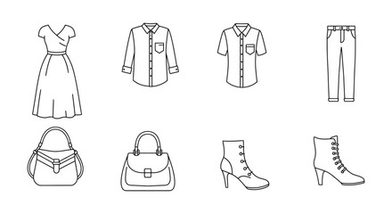 Fashionable women s clothing and accessories line art collection for design projects