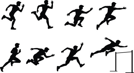 Running and hurdling silhouette sequence, showing athlete motion stages, ideal for sports illustrations, physical education projects, vector art, and design