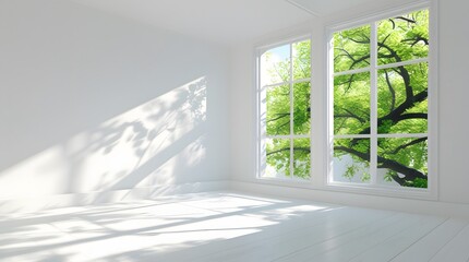 Obraz premium Minimalist Sunlit Room Interior with Large Windows and Tree View