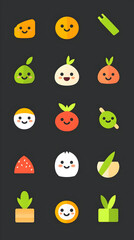 Cute cartoon food icons on dark background. Possible use Educational material, children's book illustration, or web design