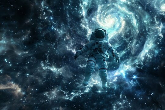 Portrait of Astronaut Posing in a Space Suit During a Spacewalk Mission on a Spaceship. Neural network ai generated