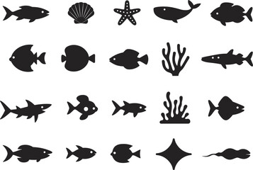 Silhouettes of assorted sea animals and ocean elements in a 5x4 grid—ideal for aquatic design, marine education, and ocean-themed visuals