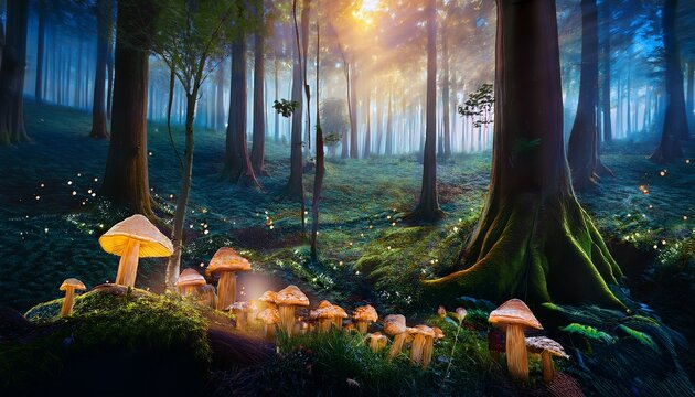 magical lush forest clearing glowing trees giant mushrooms fairy lights enchanted secret place fantasy nature realm generative ai - Powered by Adobe