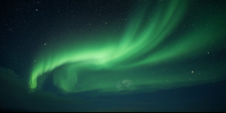 Green northern lights scene glowing in the night sky decorated with golden glow effect and stars, luxury style background design concept.