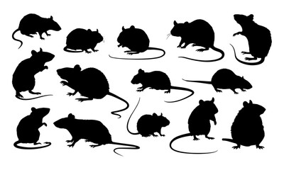 Rat silhouette collection in multiple poses on white background, perfect for pest control and Halloween vector illustrations. Features footprints and rats running, sitting, standing