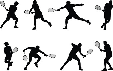 Silhouettes of tennis players in dynamic action poses with rackets, perfect for sports design, fitness illustration, and vector artwork
