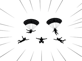 Skydiver silhouettes in midair and parachute deployment with radiating motion lines—perfect for extreme sports, aviation art, and thrill-themed design