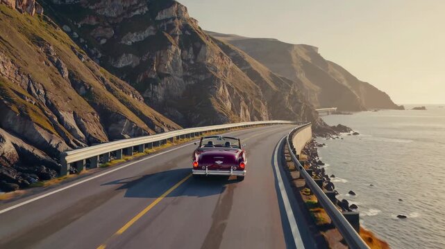 Cruising along a scenic coastal highway at sunset, a classic red convertible embodies freedom and adventure, inviting thoughts of the open road and summer getaways