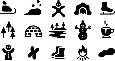 Bold Black Winter Icons:  Snowman, Igloo,  Trees,  Sled,  Hot Drink