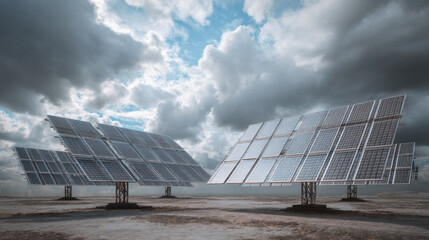 Two large solar panel arrays under a cloudy sky in a desert-like landscape