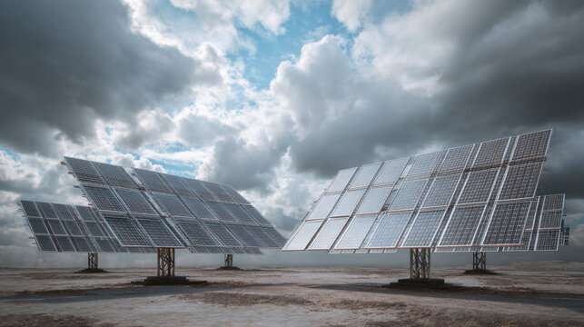 Two large solar panel arrays under a cloudy sky in a desert-like landscape