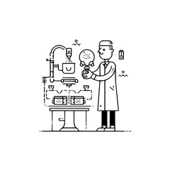 Scientist in lab coat holding a brain specimen next to laboratory equipment in outline illustration